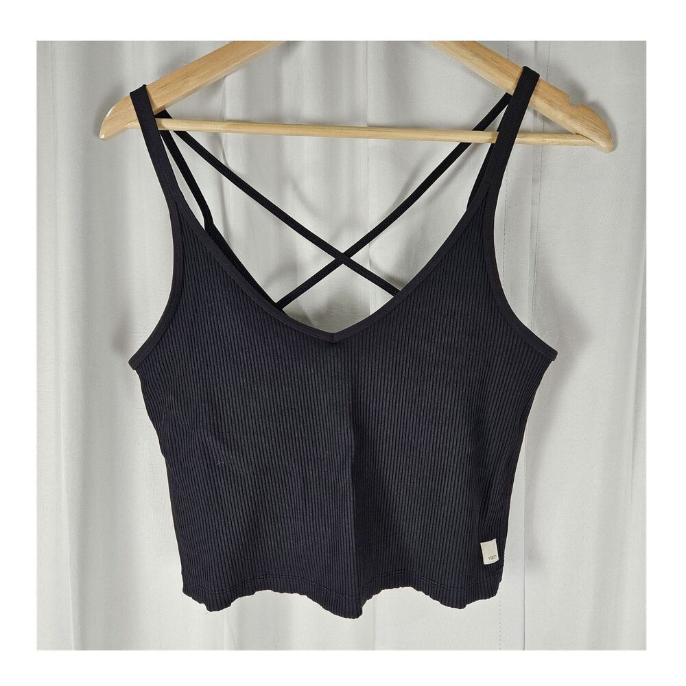 Vuori Women's Black Cropped Ribbed Racerback Strappy Stretch Tank Top Size XL